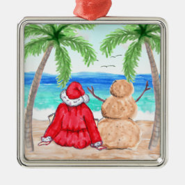 Ornamento De Metal Feliz Papai noel de Natal e Snowman na Praia