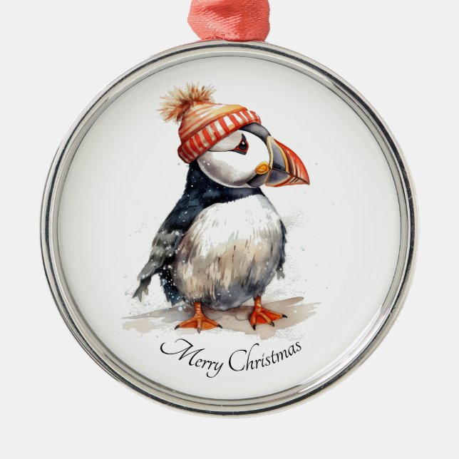 Ornamento De Metal Feliz Puffin, personalizado (Frente)
