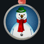 Ornamento De Metal Feliz Snowman<br><div class="desc">O Feliz Snowman com o seu chapéu verde e o cachecol vermelho.</div>