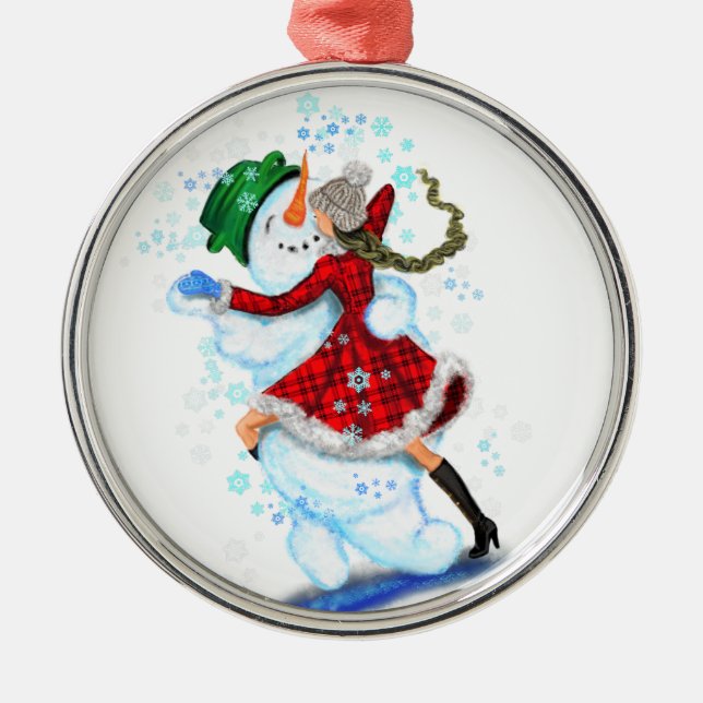 Ornamento De Metal Feliz Snowman e Girl Dance Tango Festa de Natal (Frente)