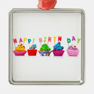 Ornamento De Metal Felizes Cupcakes de aniversário