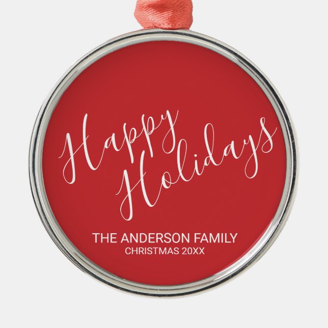 Ornamento De Metal "Felizes Feriados" Vermelho Festivo (Frente)