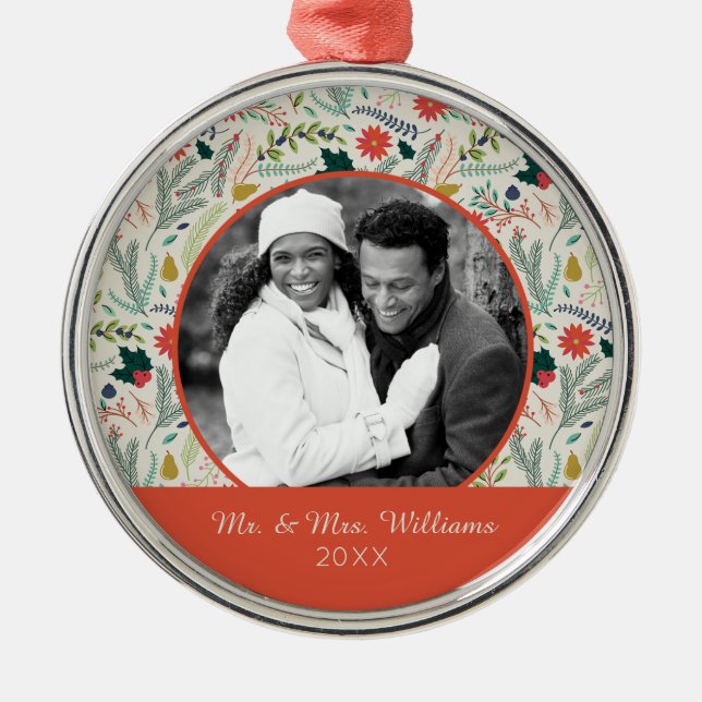 Ornamento De Metal Feriado do Feliz Natal da foto | do feriado floral (Frente)