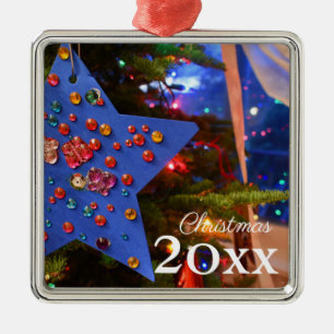 Ornamento De Metal Feriado nas Estrelas Azuis da Árvore de Natal bril
