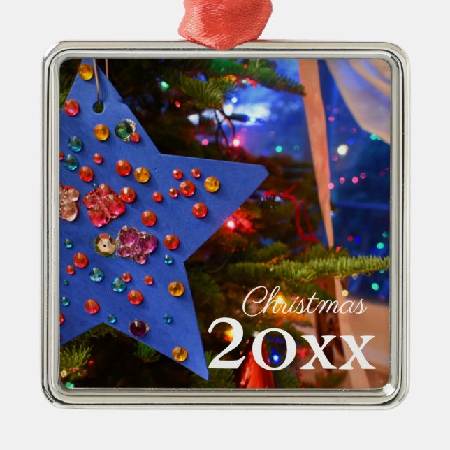 Ornamento De Metal Feriado nas Estrelas Azuis da Árvore de Natal bril (Frente)