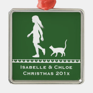 Ornamento De Metal Filha e Gato: Menina e seu Gatinho