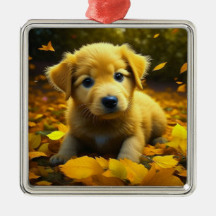 Ornamento De Metal Filhote de Labrador Amarelo Brincando nas Folhas d