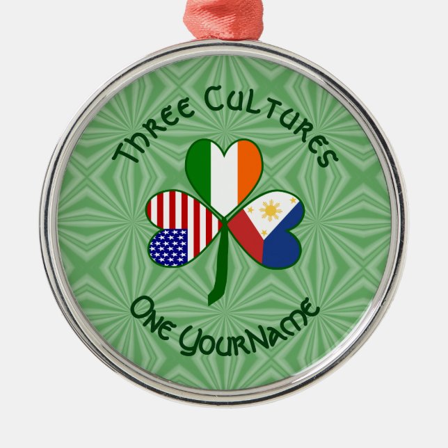 Ornamento De Metal Filipino Irish American Flags Shamrock Seu Nome (Frente)