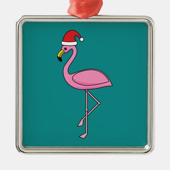 Ornamento De Metal Flamingo de Natal com Santa Hat (Frente)