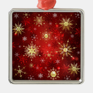 Ornamento De Metal Flocos de Neve Dourados de Natal em Fundo Vermelho