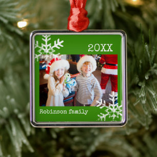 Ornamento De Metal Flocos de neve verdes com fotos personalizadas