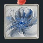 Ornamento De Metal Flor de Arte Fracionada com Cinza Azul abstrato<br><div class="desc">Uma flor de fantasia única com tons de azul e cinza,  abstrato e elegante. Design incomum para seu ornamento decorativo de metal quadrado floral e muito mais.</div>