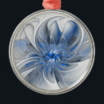 Ornamento De Metal Flor de Arte Fracionada com Cinza Azul abstrato<br><div class="desc">Uma flor de fantasia única com tons de azul e cinza,  abstrato e elegante. Design incomum para seu ornamento decorativo de metal redondo floral e muito mais.</div>