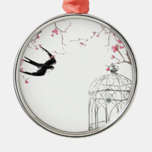 Ornamento De Metal Flor de cerejeira, andorinha, design do birdcage
