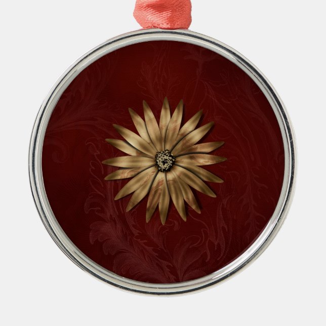 Ornamento De Metal Flor Metálico Dourado no tecido vermelho (Frente)