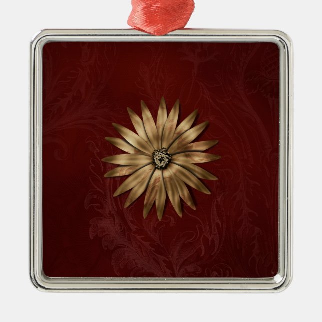 Ornamento De Metal Flor Metálico Dourado no tecido vermelho (Frente)