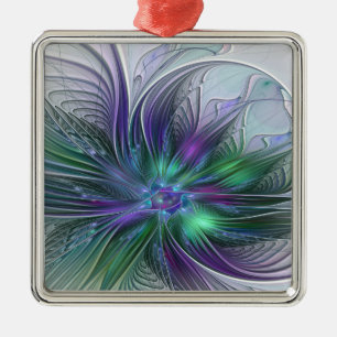 Ornamento De Metal Flor Verde Roxo Moderna Abstrato de Arte Fractal