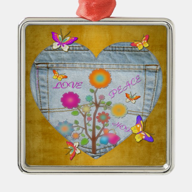 Ornamento De Metal Flores Cardíacas Denim Pocket Borboletas Borboleta (Frente)