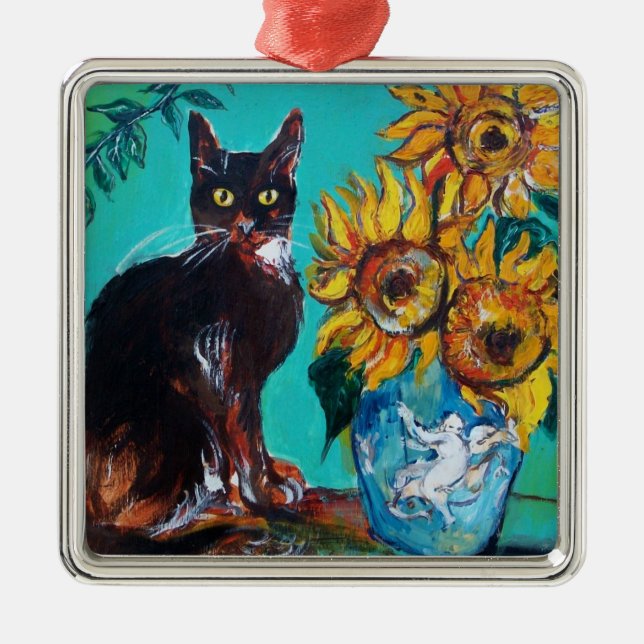 ORNAMENTO DE METAL FLORES COM GATO PRETO EM TURQUOISMO AZUL (Frente)