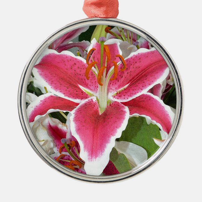 Ornamento De Metal Flores lírios cor-de-rosa (Frente)