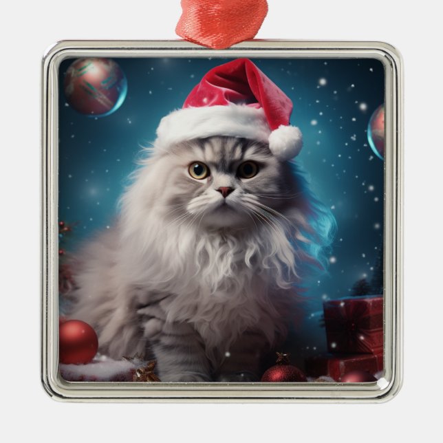 ORNAMENTO DE METAL FLUFFY NATAL HOLIDAY SILVER PERSIAN CAT (Frente)
