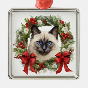 ORNAMENTO DE METAL FLUFFY WATERCOLOR HOLIDAY CHRISTMAS SIAMESTA CAT