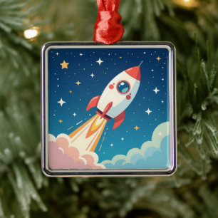 Ornamento De Metal Foguete espacial fofo decolando