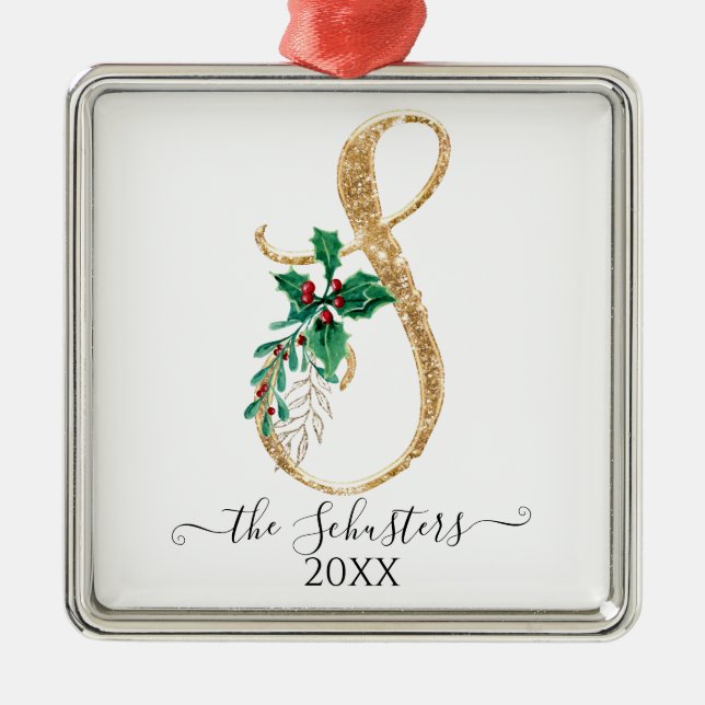 Ornamento De Metal Folhagem Dourada Monograma S Glitter de Natal Holl (Frente)