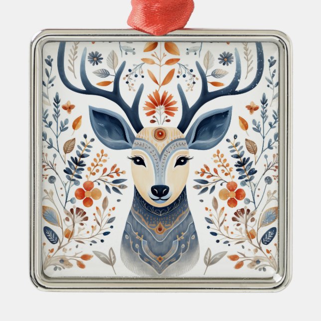 Ornamento De Metal Folk Art Scandiniavian Reindeer Christmas (Frente)