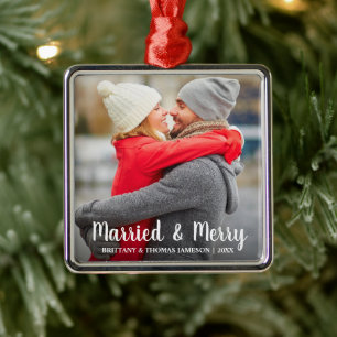 Ornamento De Metal Foto casada & alegre do Newlywed