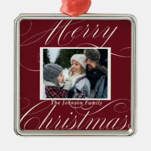 Ornamento De Metal Foto com Letra de Natal Feliz Vermelha e Elegante