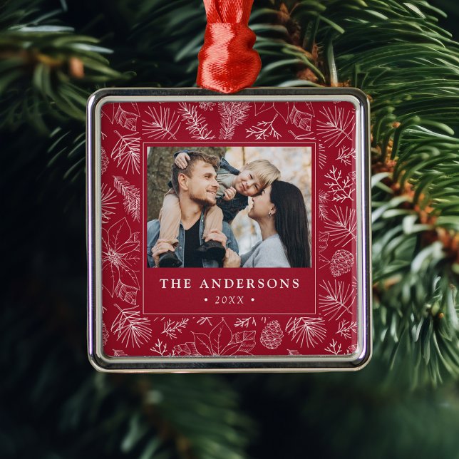 Ornamento De Metal Foto de Elegante Poinsettias e Pinecones (Criador carregado)