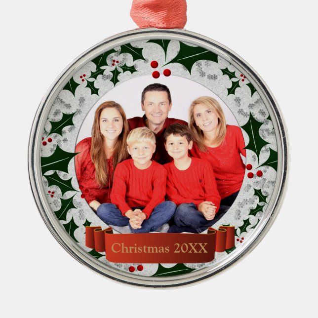 Ornamento De Metal Foto de Frost e Holly Wreath (Frente)