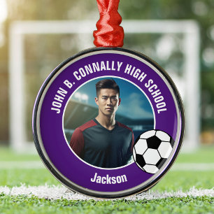 Ornamento De Metal Foto de jogador de futebol roxo no Natal do ensino