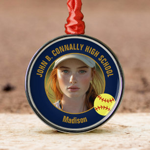 Ornamento De Metal Foto de Jogadora de Softbol Navy Blue Gold no Nata