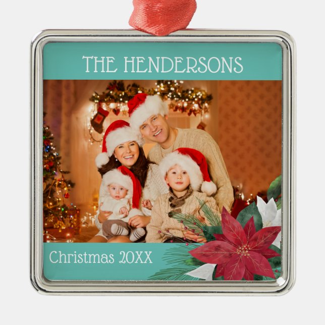 Ornamento De Metal Foto de Natal Poinsettia (Frente)