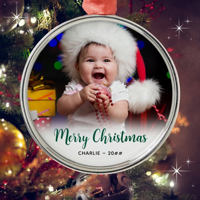 Ornamento De Metal Foto do Bebê | Presente de Natal com Texto (Customize with a name and year. Merry Christmas!)