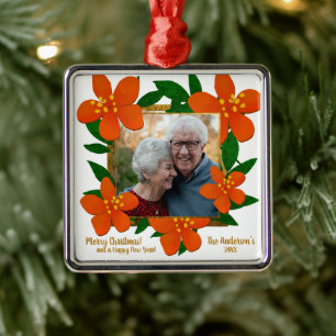 Ornamento De Metal Foto do Quadro Foral Dourado Laranja Moderno Natal