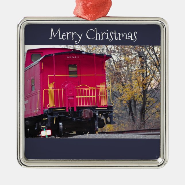 Ornamento De Metal Foto do trem Red Caboose (Frente)
