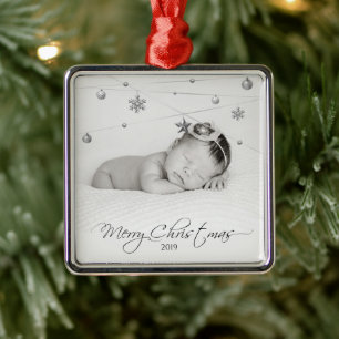 Ornamento De Metal Foto e caligrafia personalizadas de Natal