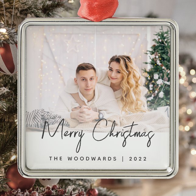 Ornamento De Metal Foto Mínima - Manuscrito de Cinzas de Natal Feliz (Criador carregado)