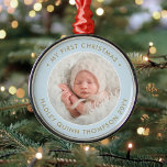 Ornamento De Metal Foto moderna de Natal de 1 rua de bebê Dourada azu<br><div class="desc">Celebre as simples alegrias da época de férias com um novo bebê, novo adorno de metal redondo, azul-pastel claro e com fotos douradas personalizadas. Palavras e imagens neste modelo são simples de personalizar. A citação de "Meu Primeiro Natal" é fácil de mudar caso seja necessária para outra ocasião. (DICAS DE...</div>