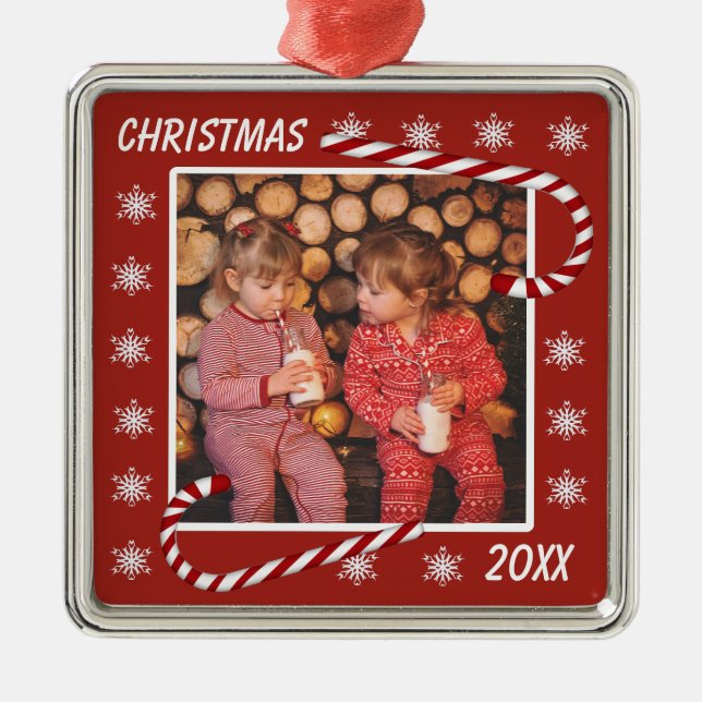 Ornamento De Metal Foto Personalizada De Canas Vermelhas De Natal (Frente)