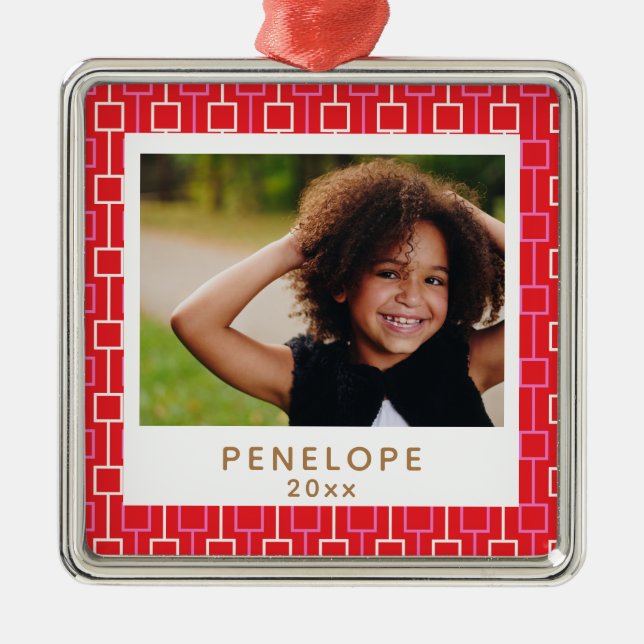 Ornamento De Metal Foto Personalizada do Padrão Vermelho de Natal do  (Frente)