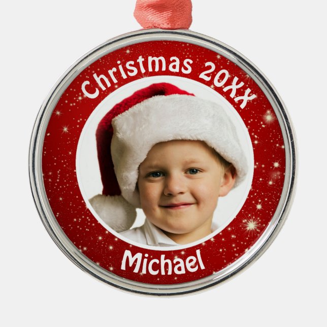 Ornamento De Metal Foto Personalizada do Red Christmas Sparkles (Frente)