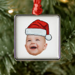 Ornamento De Metal Foto personalizada do rosto do bebê Papai Noel Nat<br><div class="desc">Personalização do rosto do bebê Foto Santa Hat Ornamento de metal de Natal</div>