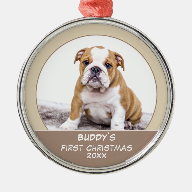 Ornamento De Metal Foto Personalizada Pet de Natal Primeiro Puppy (Frente)