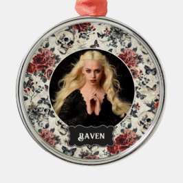 Ornamento De Metal Foto Personalizada Rosa Gótica e Crânio Natal