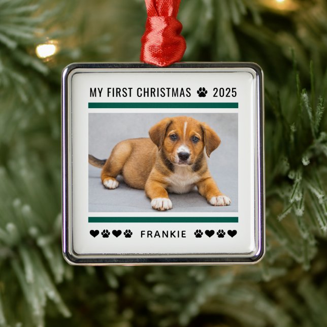 Ornamento De Metal Foto Personalizada Verde de Natal Puppy (Árvore)