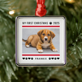 Ornamento De Metal Foto Personalizada Vermelha de Natal Puppy Primeir